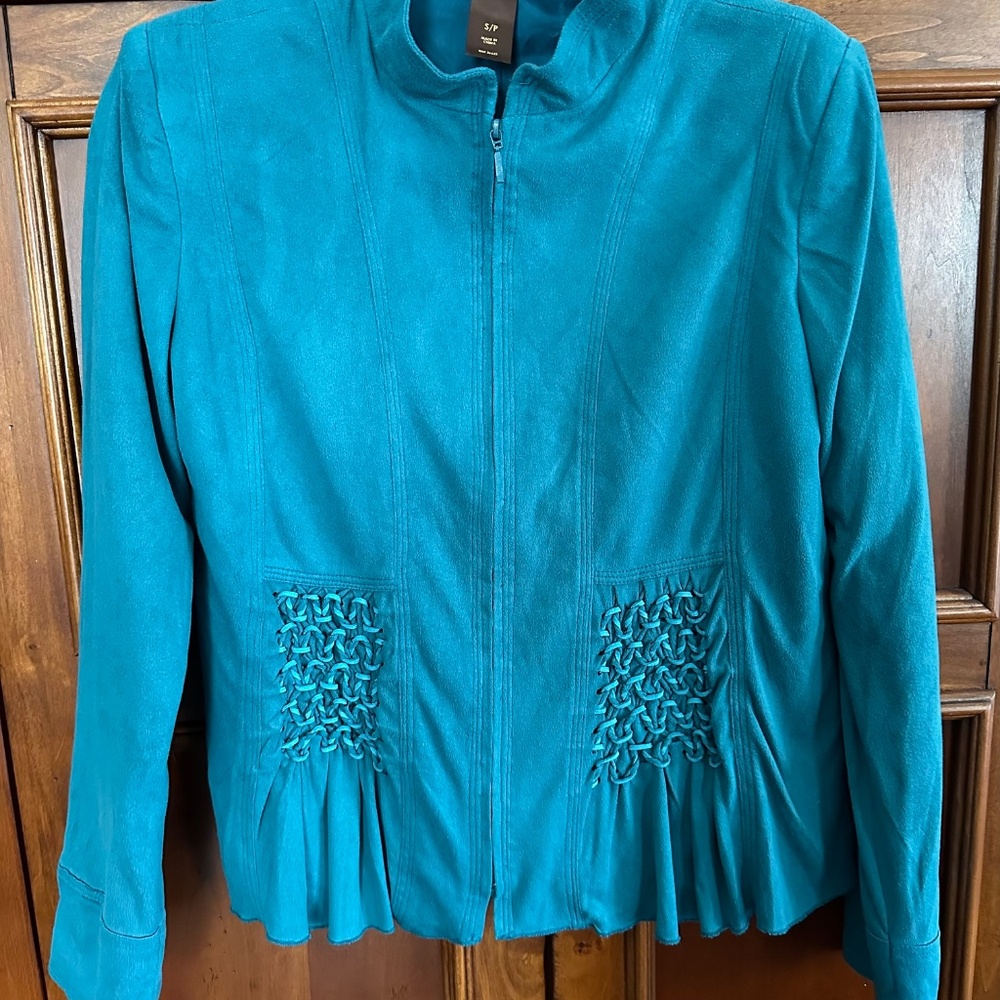 Multiples Teal Lined Zip Top Unique Design Long Sleeve Size S/P Good Condition
